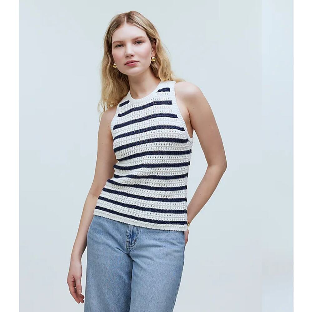 NEW Madewell Women’s Crochet-Knit Crewneck Sweater Tank White Navy NWT Size XS